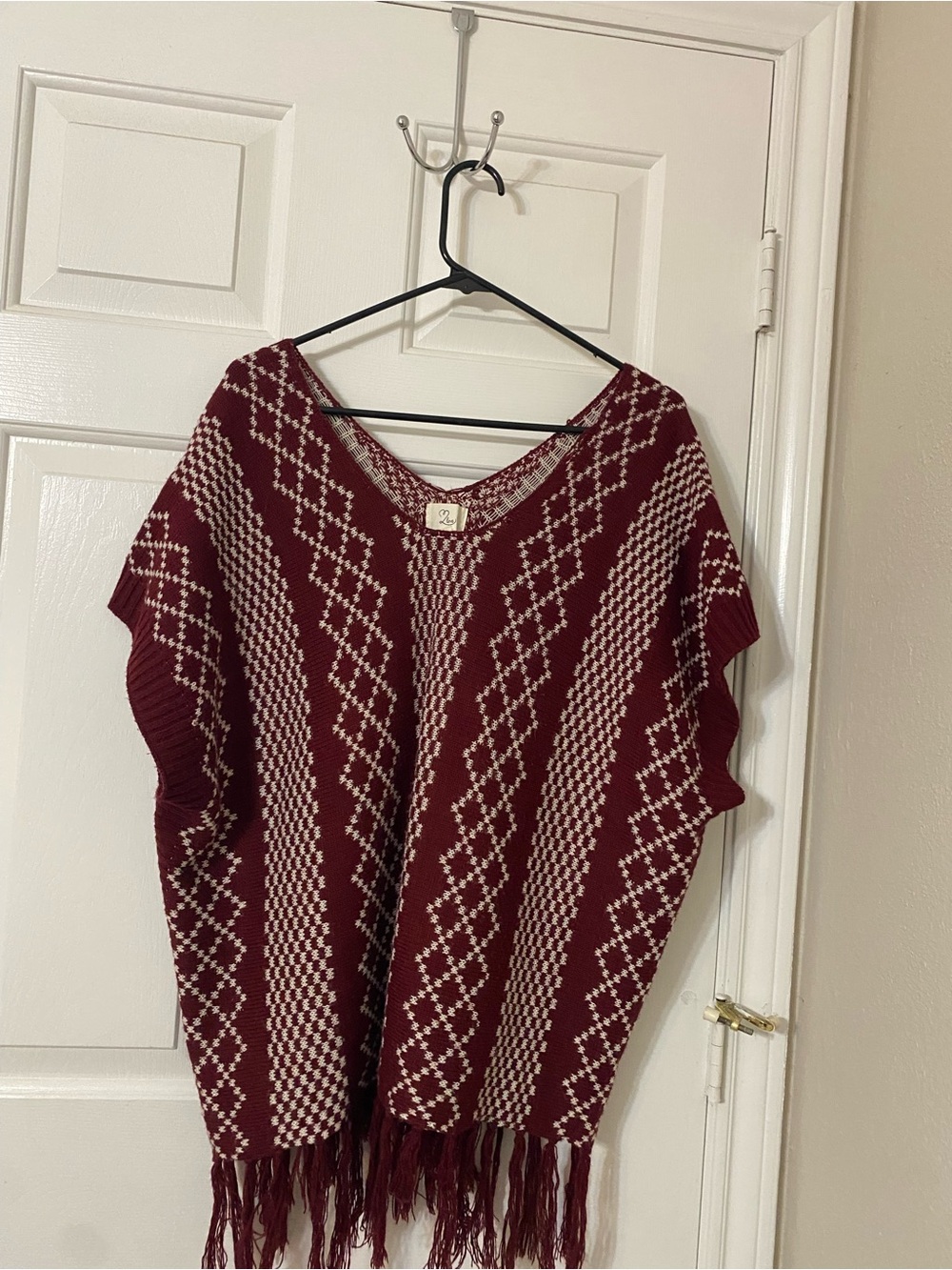 T2love Burgundy and Cream Fringe Knit Poncho